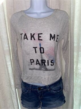American Eagle Soft & Sexy "Take Me To Paris" Long Sleeve Tee Grey Size XS